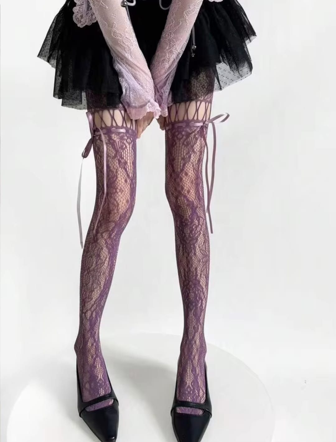 Women’s Fishnet Thigh High Stockings with Ribbon Bow, Sheer Stretch Mesh Long Socks